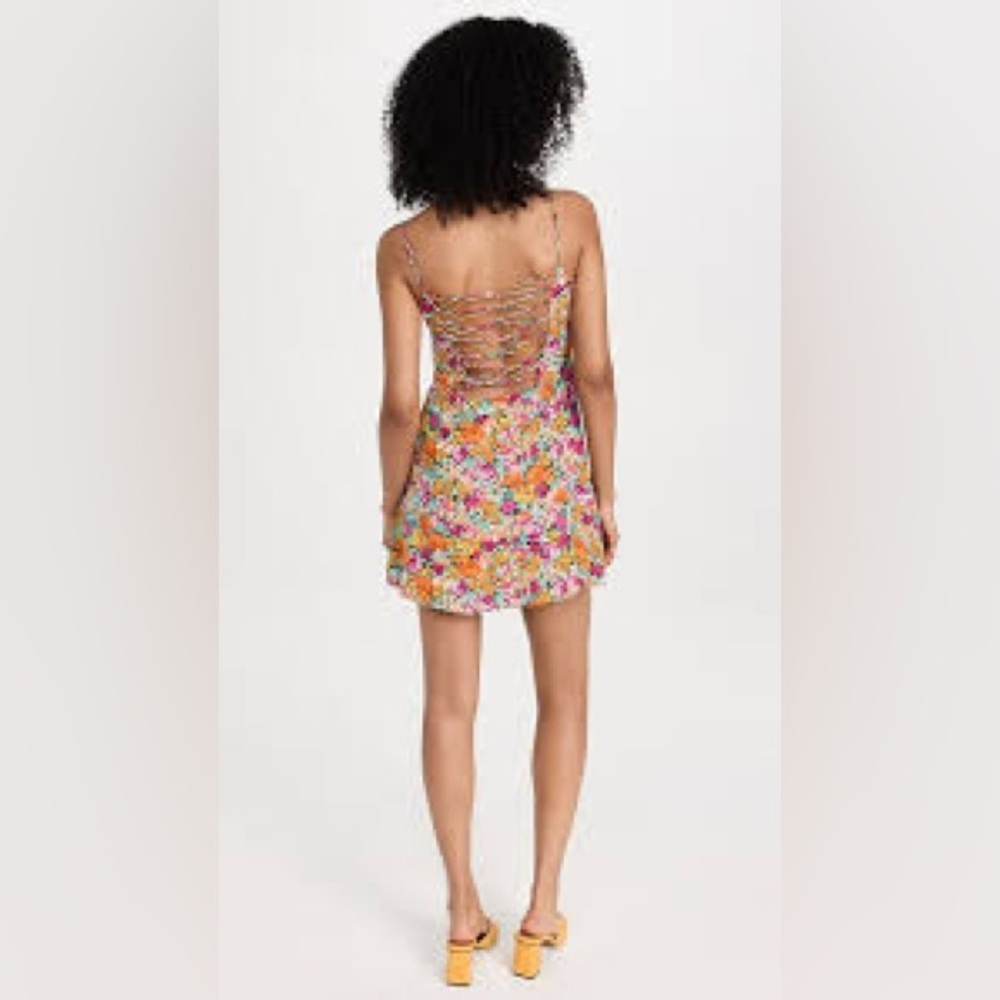 NWT For Love And Lemons Colorful Floral Strappy Open Back Mini Lined Dress M